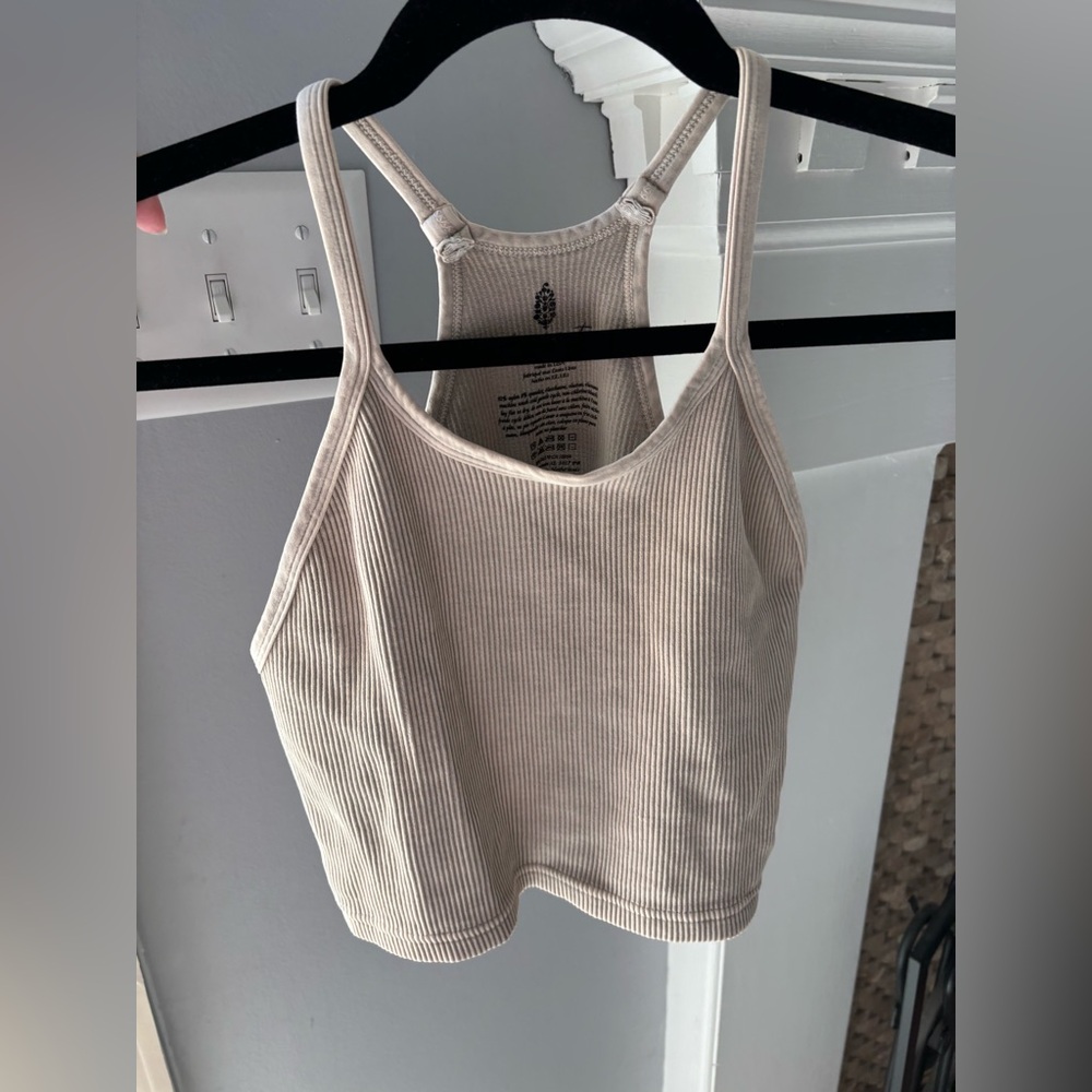 Free People Beige Ribbed Cropped Tank Top